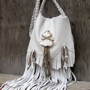 NWT White Extra Long Fringe Handmade Leather Bag